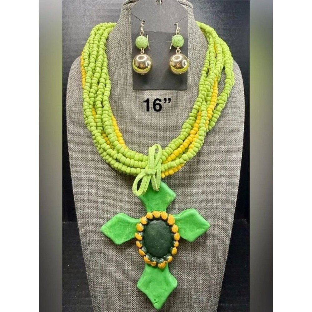 141. Green & Yellow Beaded Cross Pendant Set